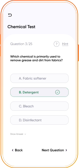 Mobile interface of a corporate e-learning platform showing an employee knowledge test module for cleaning services training